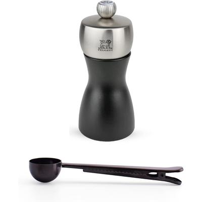 Peugeot Fidji 4.75 Inch Salt Mill Gift Set, Black Matte - With Stainless Steel Spice Scoop & Clip