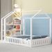 Full Size Wood Floor House Bed with Fence and Detachable Storage Shelves Creative Floor Bed Frame for Kids, Teens, Girls, Boys