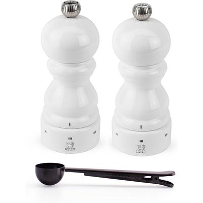 Peugeot Paris u'Select White Lacquer Salt & Pepper Mill, Gift Set - With Stainless Steel Spice Scoop/Bag Clip (5 Inch)