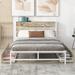 Full Size Metal Platform Bed with 4 Storage Drawers, Sockets, USB Ports Metal Bed Frame with Wooden Headboard & Footboard, White