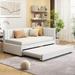 Beige Twin Size Linen Upholstered Daybed w/ Trundle Twin Size Wood Bed Frame