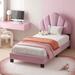 Upholstered Twin Size Platform Bed for Kids, Velvet Fabric Bedframe with Shell-Shaped Headboard, No Box Spring Needed