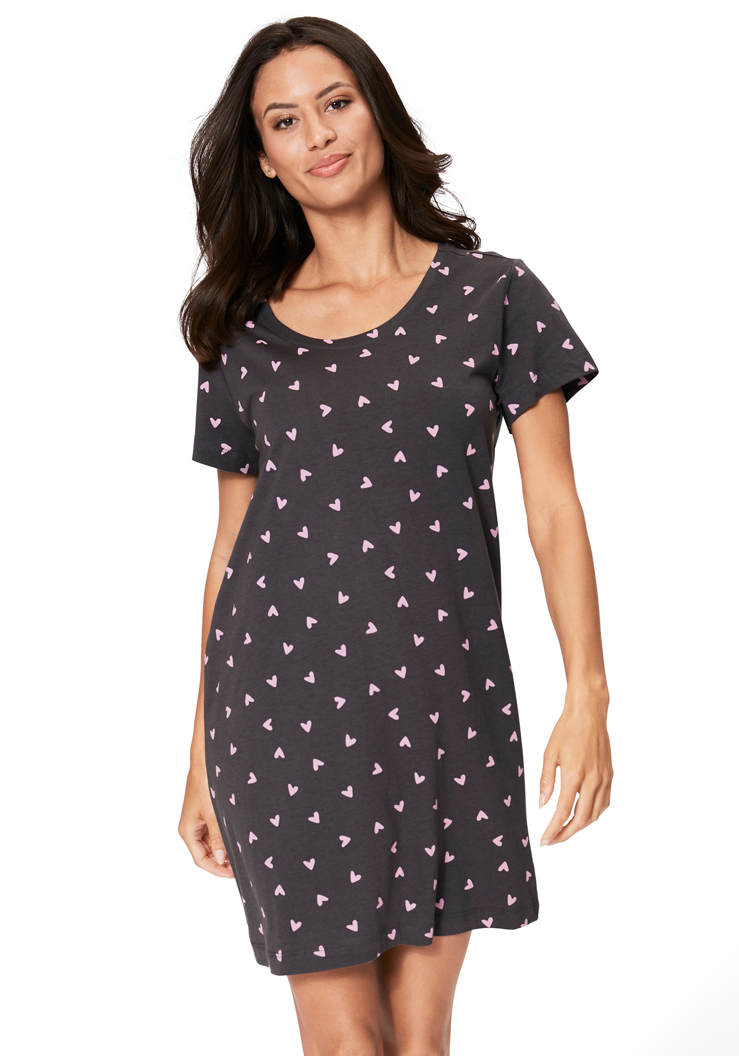 Sleepshirt S.OLIVER, Damen, Gr. 36/38, N-Gr, beige (ecru), Single Jersey, Obermaterial: 50% Baumwolle, 50% Viskose, ca. Mitte Oberschenkel, Rundhals, angeschnitten, Kleider, mit Herzmotiven Image