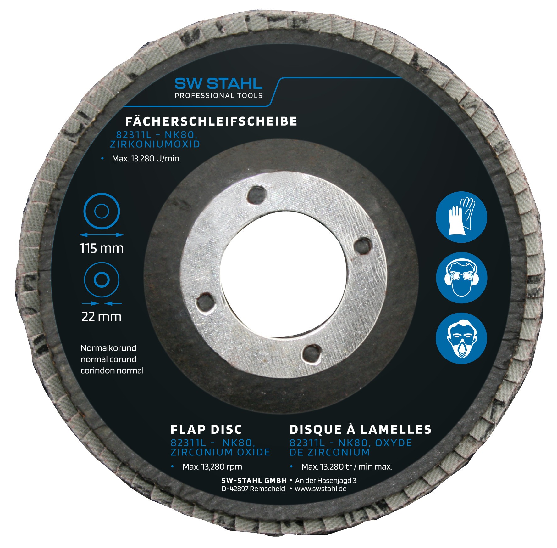 SWSTAHL Fächerschleifscheibe, Zirkoniumoxid, 115 mm, NK80, 10 Stück Schleifscheibe, Winkelschleifer 82311L Image