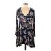 Blue Rain Casual Dress - A-Line V-Neck Long sleeves: Blue Floral Dresses - Women's Size Medium