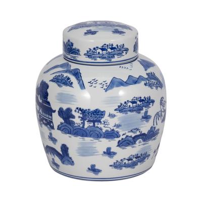 Sagebrook Home Ceramic Jar Blue and White Chinoiserie Temple Design Contemporary Decorative Jar Accent Simple Blue