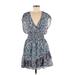 BCBG Paris Casual Dress - Mini Plunge Short sleeves: Blue Print Dresses - Women's Size Medium