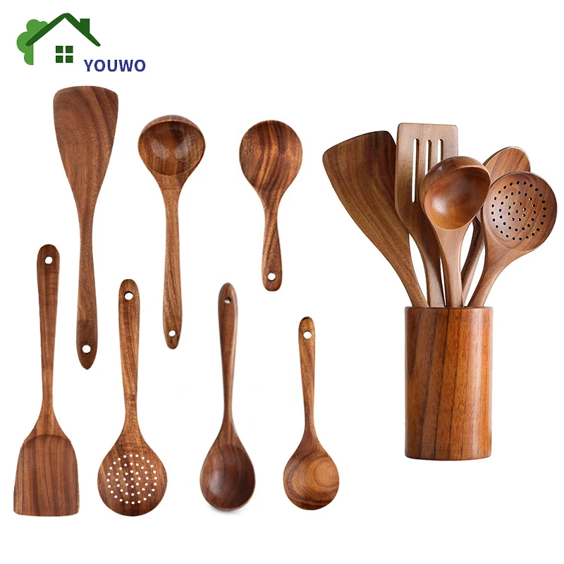 Cuillère de cuisine en teck naturel, cuillère, spatule en bois, ensemble d'ustensiles antiadhésifs pour la cuisine avec des crochets de confrontation, outil de batterie de cuisine