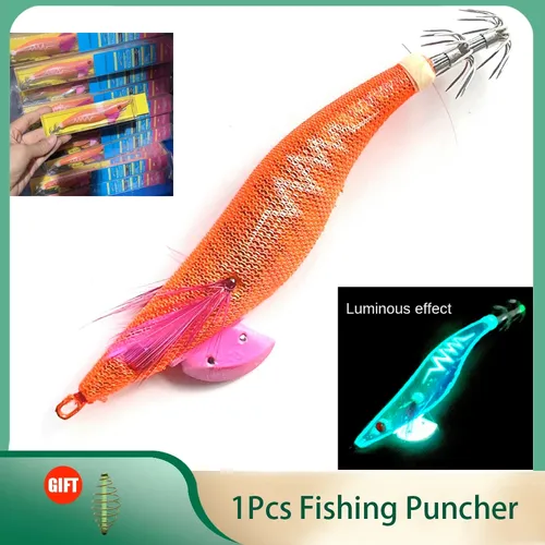 1pc Glow Wood Shrimp leuchtende Tintenfisch Jigs mit Tintenfisch Tintenfisch Jig Haken Tintenfisch Fisch köder Größe 3.5 #/21g
