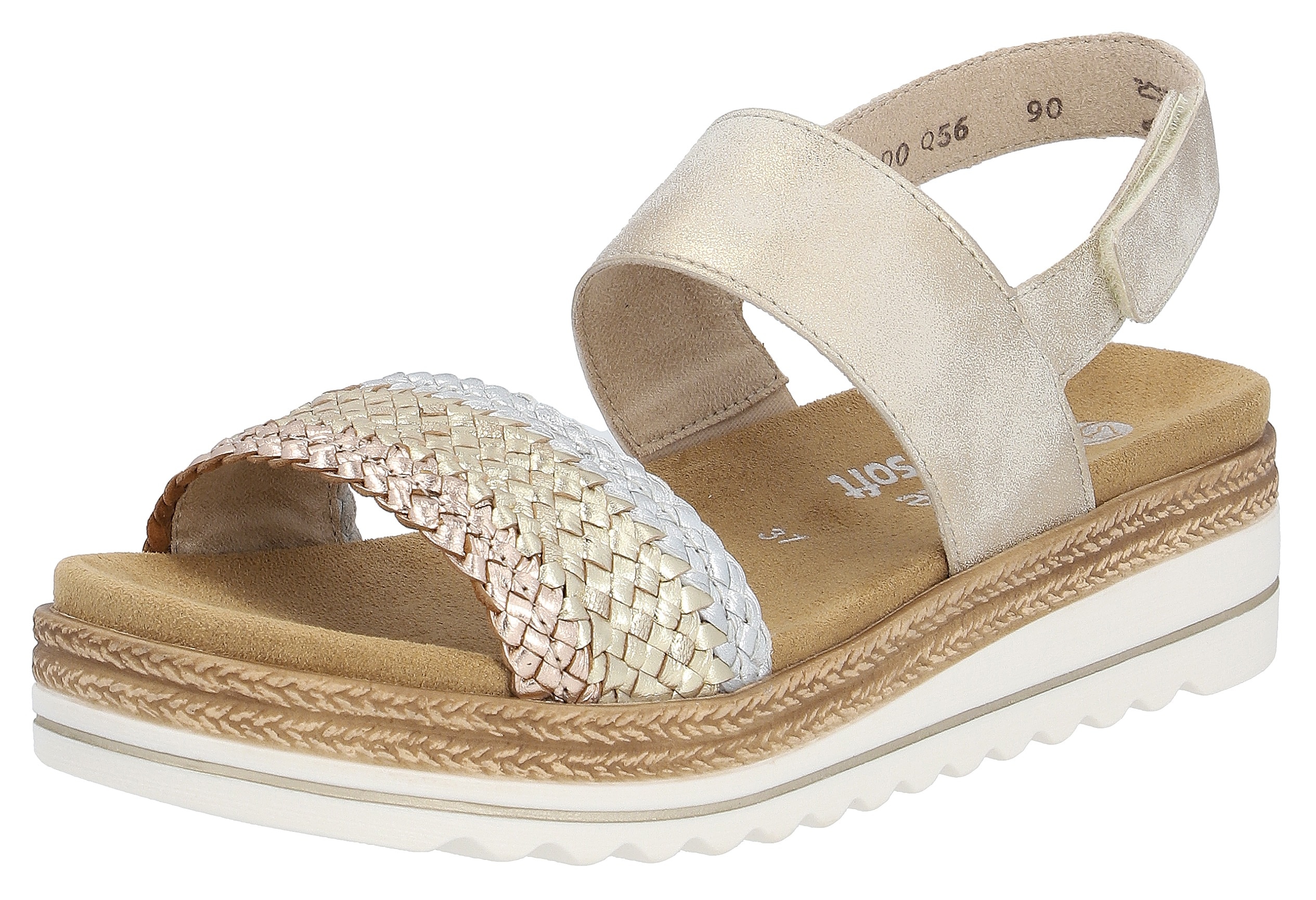 Keilsandalette REMONTE "ELLE-Collection", Damen, Gr. 39, beige (goldfarben, beige), Leder, Lederimitat, Flechtoptik, Schuhe, Sommerschuh, Sandale, Keilabsatz, mit Flechtbandage im Metalliclook