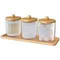 3Pcs Qtip Holder Dispenser with Bamboo Lids Clear Acrylic Bathroom Jars with Tray Cotton Swab Storage Dispenser Reusable Bathroom Canisters Swab Ball Holder Dispenser for Makeup Cotton Swab