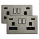2 x Brush Chrome Double Wall Switch Socket 13A 2 gang with 2 USB Charger Ports UK 3 pin Plug Screwless Finish N776DME