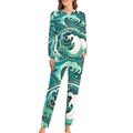 Japanese Cartoon Sea Waves Soft Womens Pyjamas Long Sleeve Warm Fit Pajamas Loungewear Sets with Pockets 5XL