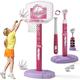 HYES 2-in-1 Children's Basketball Hoops and T Ball Set, Basketball Hoop Stand Outdoor Indoor Height Adjustable Basketball Backboard Hoop Set for Boys Girls 3-12 Years, Pink