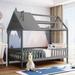 Twin Size Platform Bed for Kids Teens Bedroom, House Shaped Bed with Fence and Roof, Solid Wood Low Bedframe w/Slats Support