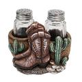 De Leon Collections Polyresin Western Brown Boots w/ Desert Cactus Jars Salt & Pepper Shaker Holder Set Glass in Brown/Green/White | Wayfair 14281