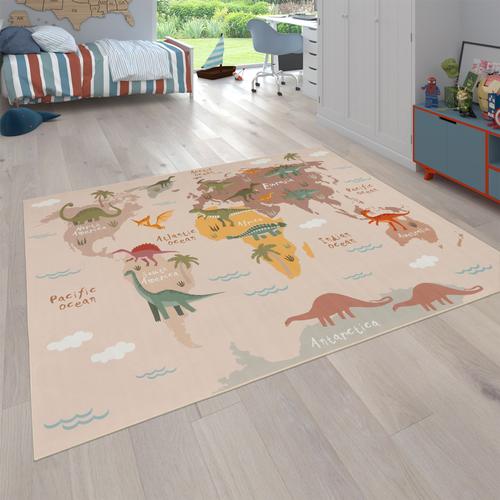 Kinderteppich PACO HOME ""Bino 583"" Teppiche Gr. B: 200cm, 4mm, L: 200cm, beige Kinder Spielteppich, Motiv Weltkarte & Dinosaurier, Kinderzimmer