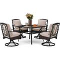 & William Patio Table and Chairs with 10ft 3 Tier Auto-tilt Beige Umbrella 6 Piece Outdoor Table Furniture Set with 4 Padded Swivel Rocker Dining Chairs 1 Square Metal Table and 1 U