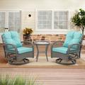 Outdoor Bistro Set 3 Pieces Wicker Swivel Rocker Patio Chair 360-Degree Swivel Rocking Chairs and Tempered Glass Top Side Coffee Table Outdoor Rattan Conversation Sets (Blue)