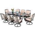 & William 8 Piece Patio Table and Chairs with 13ft Double-Sided Umbrella Outdoor Dining Furniture Set with 6 Padded Swivel Rocker Dining Chairs 1 Rectangular Metal Patio Table and 1