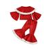 Canrulo Toddler Baby Girls Christmas Clothes Velvet Long Sleeve Boat Neck Shirt Tops+Flared Pants Set Red 2-3 Years