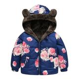 QUYUON Toddler Girl Fleece Jacket Toddler Baby Boys Girls Hoodie Jacket Floral Print Fleece Lined Cute Winter Thick Casual Keep Warm Hooded Coat Jacket Outerwear Baby Down Coat with Hood 2T-3T