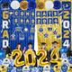 Graduation Party Decorations Blue and Gold 2024 Graduation Party Supplies Include Banner, Hanging Swirls, Porch Sign, Foil Fringe Curtain, Paper Pompoms, Balloons for Congrats Grad Party Decorations