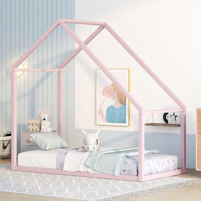 Pink Twin Size Metal House Bed, Kids Bed, No Slats Included