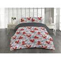 East Urban Home Poppy Duvet Cover Set Vintage Boho Feathers Flowers Vermilion & Taupe Grey in Gray/Red/White | Wayfair