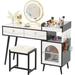 Wrought Studio™ Jermari 47" Vanity Table Set w/ Power Outlets, LED Lighted Mirror, Drawers & Soft Stool Wood/Metal in Yellow | Wayfair