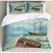 East Urban Home Antique Duvet Cover Set, Old Trunk Ocean Waves, Calking, Mint Green Pale Caramel in Blue/Brown | Wayfair