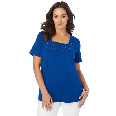 Plus Size Women's Stretch Cotton Eyelet Cutout Tee by Jessica London in Dark Sapphire (Size 22/24) Short Sleeve T-Shirt