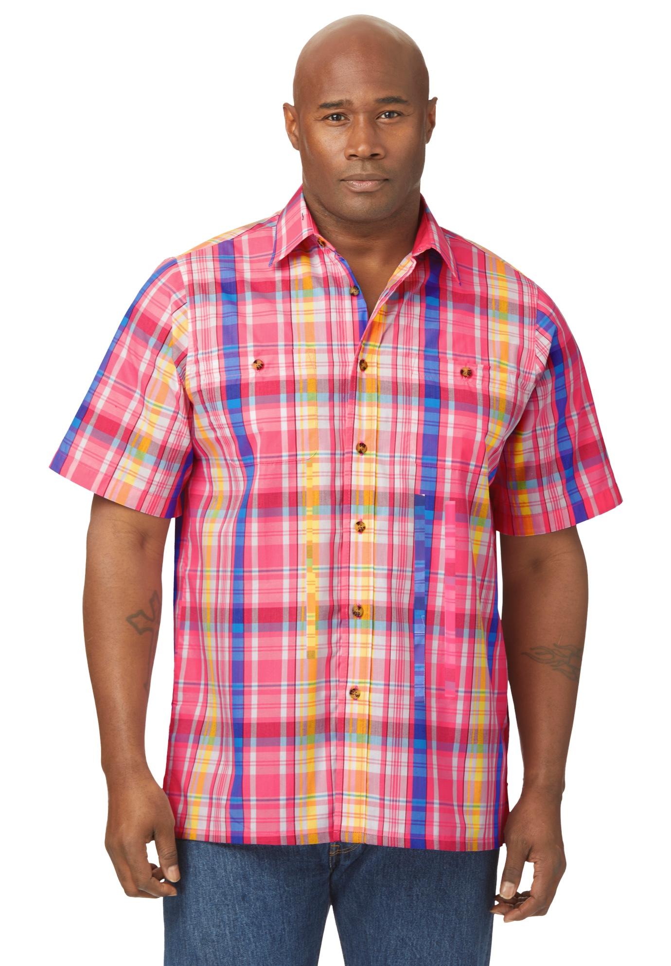 Men's Big & Tall Plaid Wrinkle-Resistant Short Sleeve Button Down by KingSize in Pink Plaid (Size 3XL)