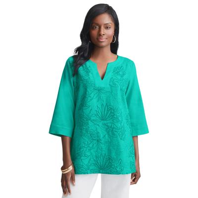 Plus Size Women's Linen V-Neck Embroidered Tunic by Jessica London in Aqua Sea Leaf Embroidery (Size 12 W) Long Shirt Made in the USA