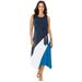 Plus Size Women's Stretch Knit Hanky Hem Midi Dress by The London Collection in Navy Pool Blue Colorblock (Size 18 W)