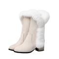 Gikleihwy Women's Mid-Calf Warm Shoes Suede Slouch Snow Booties Fur Lined Winter Slip on Anti-Slip Boots for Outdoor Faux Suede boots for women (Color : Beige, Size : 6 UK)