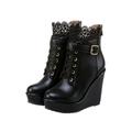 Women's Snow Boots Faux Suede Wedge Heel Mid-Calf Boots Outdoor Warm Fur Lined Ankle Short Booties Retro Lace-up Leather Short Winter Booties (Color : Schwarz, Size : 4 UK)