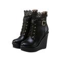 Women's Snow Boots Faux Suede Wedge Heel Mid-Calf Boots Outdoor Warm Fur Lined Ankle Short Booties Retro Lace-up Leather Short Winter Booties (Color : Schwarz, Size : 3.5 UK)