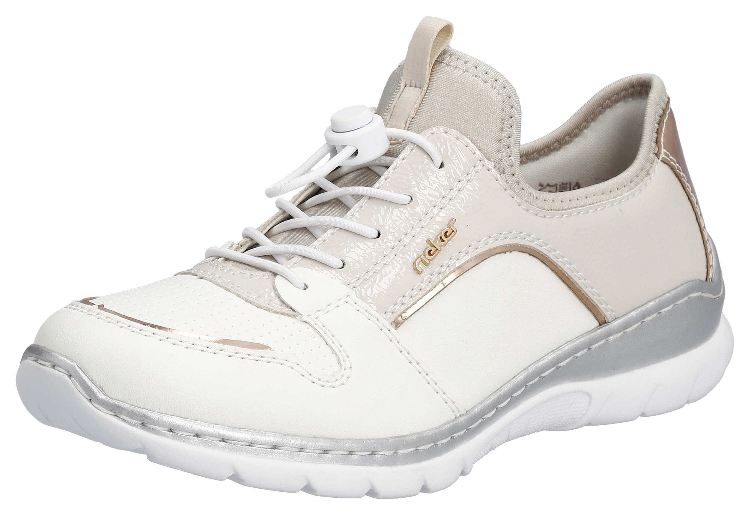 Slip-On Sneaker RIEKER, Damen, Gr. 37, beige (sanftes weiß, creme), Lederimitat, Textil, metallic, Schuhe Sneaker, Slipper, Schlupfschuh, Freizeitschuh mit Gummizug und Elastikeinstieg