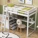 Twin Size Loft Bed with Desk and Shelves, Solid Wooden Loft Bed Frame with 2 Built-in Drawers & Safety Guardrail, White