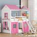 Twin Bunk Wood House Bed, Wood Sweet Heart Novelty Bunk Bed w/Windows, Sills & Tent, House Bunk Beds for Girls, Boys, Pink+White