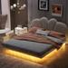 Full Size Upholstery LED Platform Bed with PU Leather Headboard, Luxury Floating Bedframe w/Solid Wood Support Legs, Beige