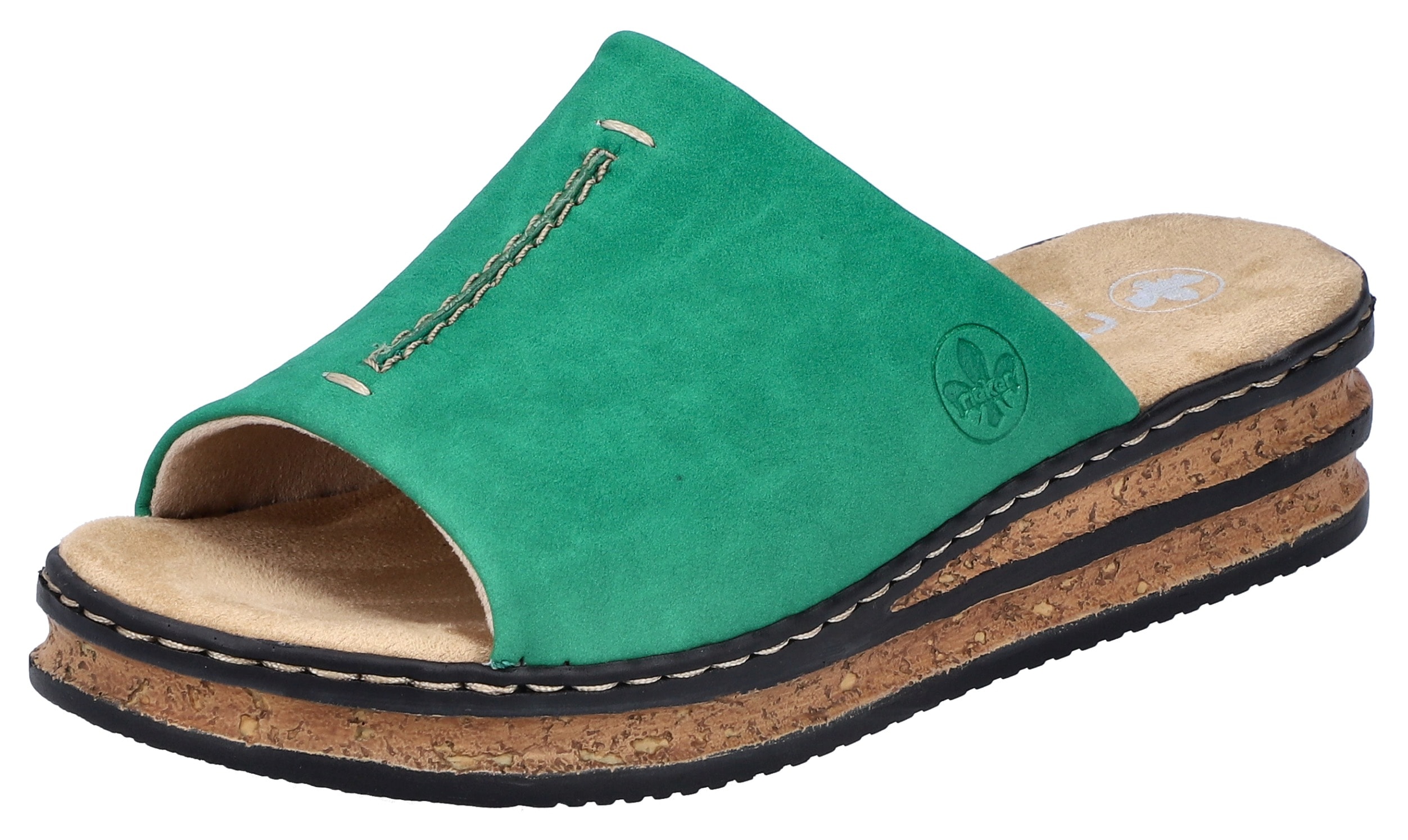 Pantolette RIEKER, Damen, Gr. 40, grün (smaragd), Lederimitat, Schuhe Pantolette, Keilabsatz, Sommerschuh, 150 Jahre RIEKER Jubiläumsartikel