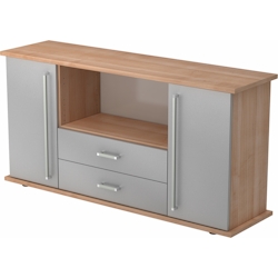 bümö Sideboard Nussbaum/Silber mit Flügeltüren & Regal - Büromöbel Sideboard mit Schubladen Holz 166cm breit, 45cm schmal, Büro Schrank für Flur Image