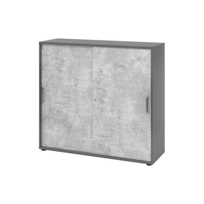 bümö Schiebetürenschrank "3OH" - Aktenschrank abschließbar, Sideboard Schrank mit Schiebetüren in Graphit/Beton - Büroschrank aus Holz mit Image