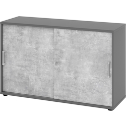 bümö Schiebetürenschrank "2OH" - Aktenschrank abschließbar, Sideboard Schrank mit Schiebetüren in Graphit/Beton - Büroschrank aus Holz mit Image
