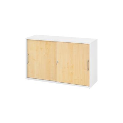 bümö Schiebetürenschrank 2OH - Aktenschrank abschließbar, Sideboard Schrank mit Schiebetüren in Weiß/Ahorn, Relinggriff - Büroschrank aus Holz mit Image