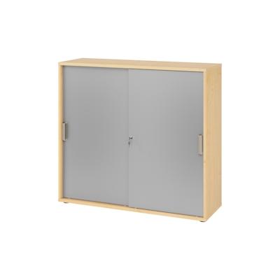 bümö Schiebetürenschrank 3OH - Aktenschrank abschließbar, Sideboard Schrank mit Schiebetüren in Ahorn/Silber, Streifengriff - Büroschrank aus Holz Image