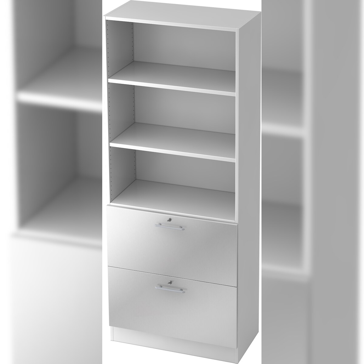 bümö office Aktenschrank mit Hängeregister-Schubladen abschließbar, Büroschrank Holz, 80cm breit in Weiß/Silber - Hängeregistratur für Hängeordner, Image