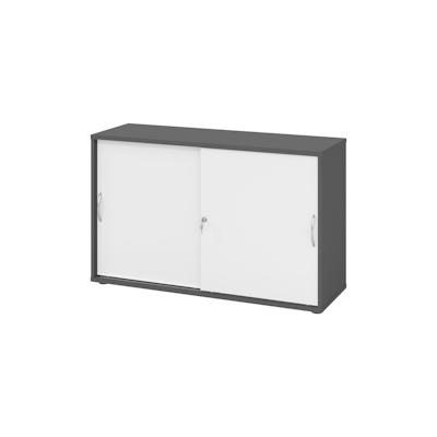 bümö Schiebetürenschrank 2OH - Aktenschrank abschließbar, Sideboard Schrank mit Schiebetüren in Graphit/Weiß, Bogengriff - Büroschrank aus Holz mit Image